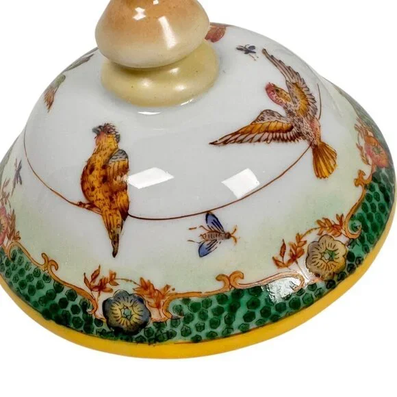 VTG Ceramic Hand Painted Lidded Jar Set Dish Asiatides Mark Chinese Birds 2PCs - Picture 10 of 15